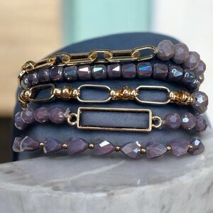 Gold and Purple Glass Beaded Stretch Bracelet Set